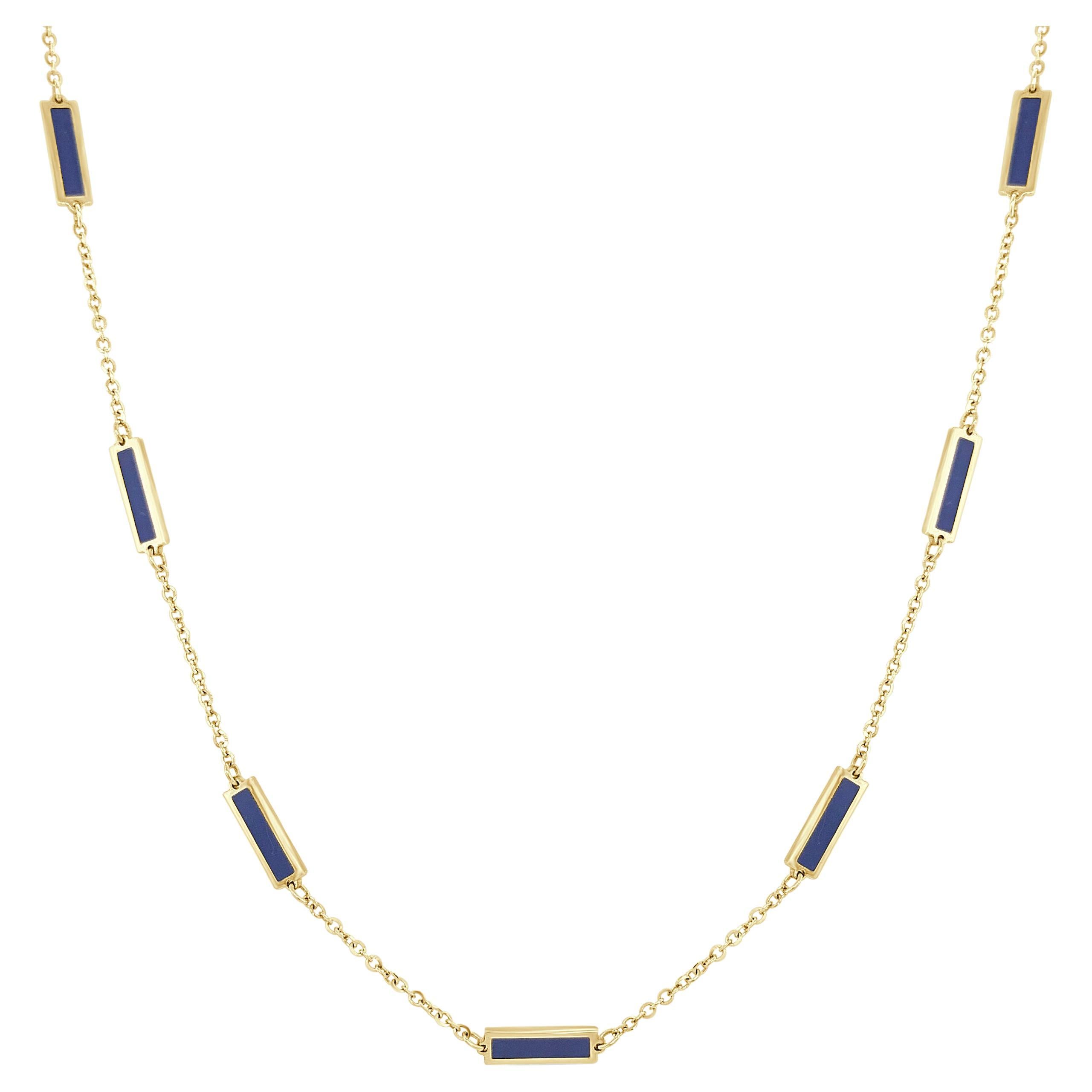 14k Yellow Gold & Lapis Inlay Station Bar Necklace For Sale