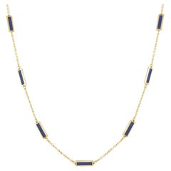 Collier à barre station en or jaune 14 carats et lapis incrusté