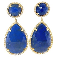14k Yellow Gold Lapis Lazuli and Diamond Dangling Earrings