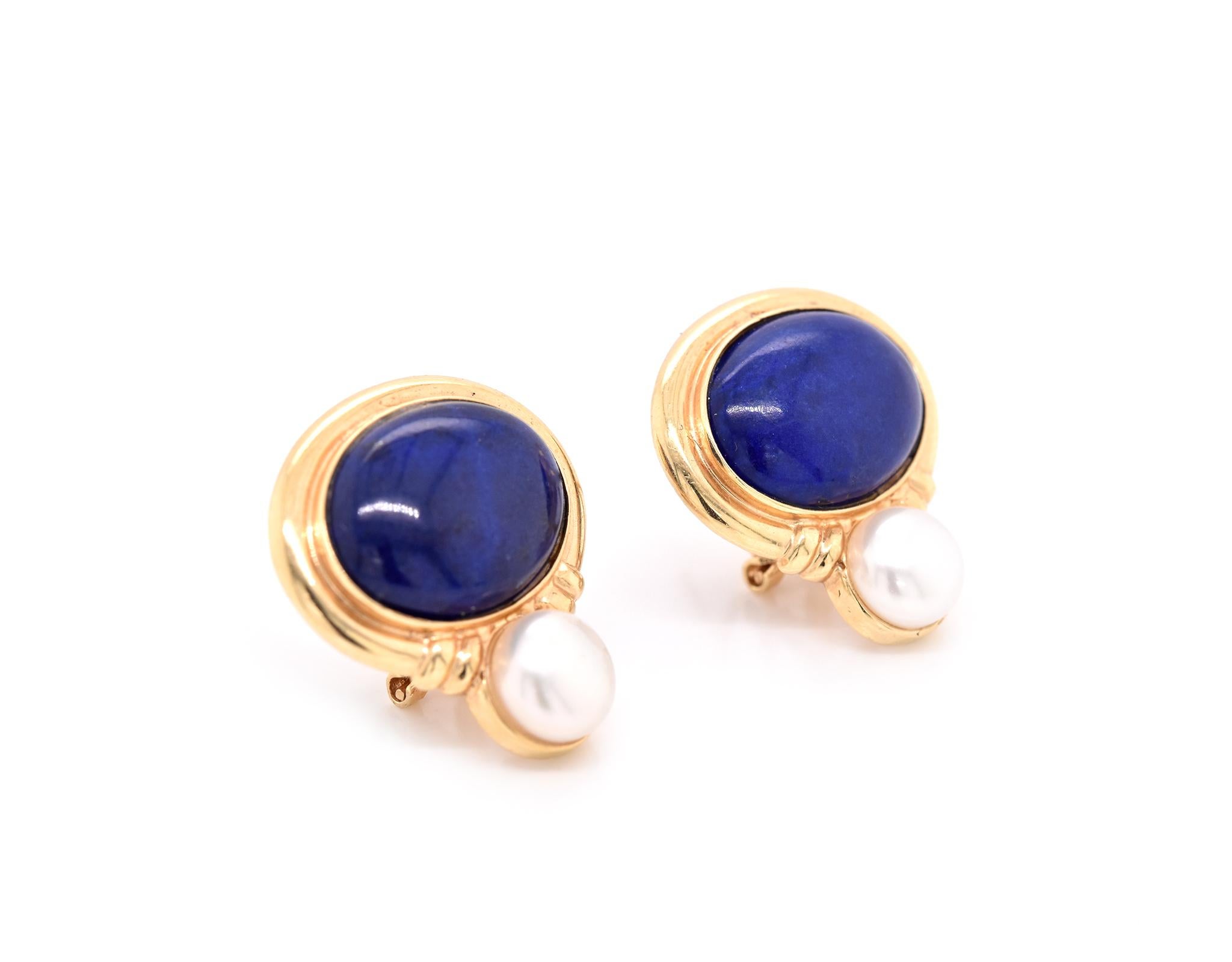 Material: 14k yellow gold
Gemstone: Lapis Lazuli and Button Pearls
Dimensions: earrings measure 22.80mm x 21mm
Fastenings: post with omega back
Weight: 8.1 grams
