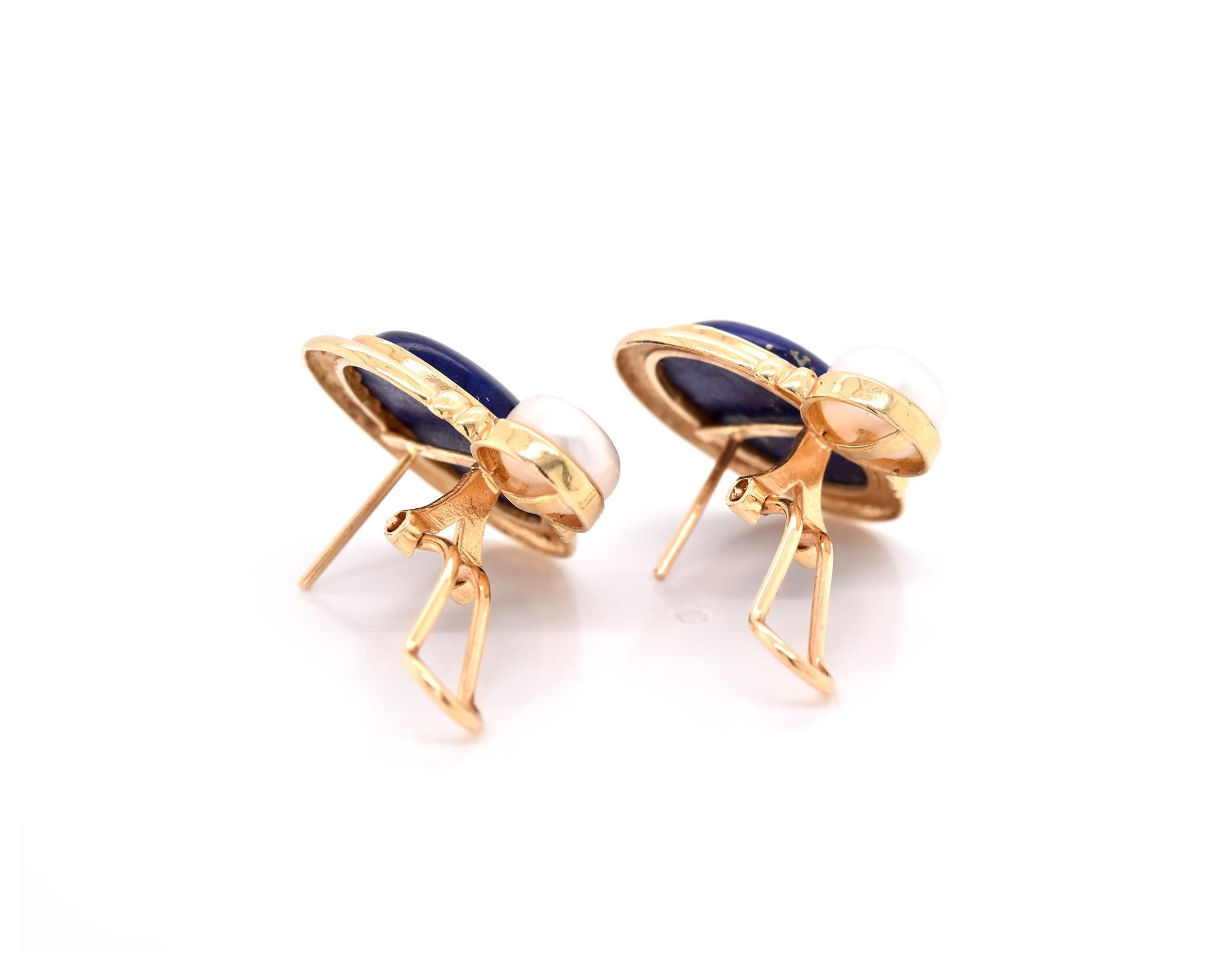 Boucles d'oreilles en or jaune 14 carats, lapis-lazuli et perles Unisexe en vente