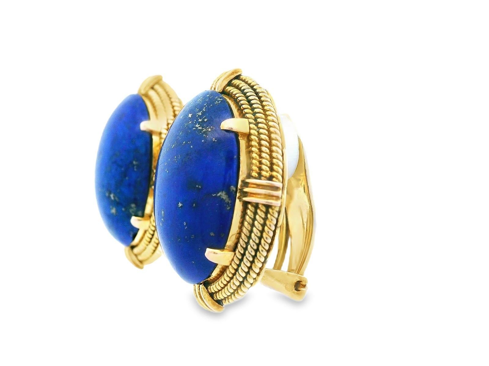 Taille cabochon Boucles d'oreilles clips en or jaune 14k Lapis Lazuli en vente