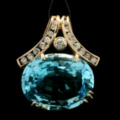 14k Yellow Gold Large 25.4x20mm Oval Blue Topaz 0.80ctw Diamond Slide Pendant