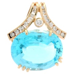 14k Yellow Gold Large 25.4x20mm Oval Blue Topaz 0.80ctw Diamond Slide Pendant