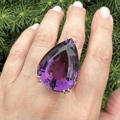 14k Yellow Gold Large 67ct Pear Cut Amethyst Solitaire Statement Ring