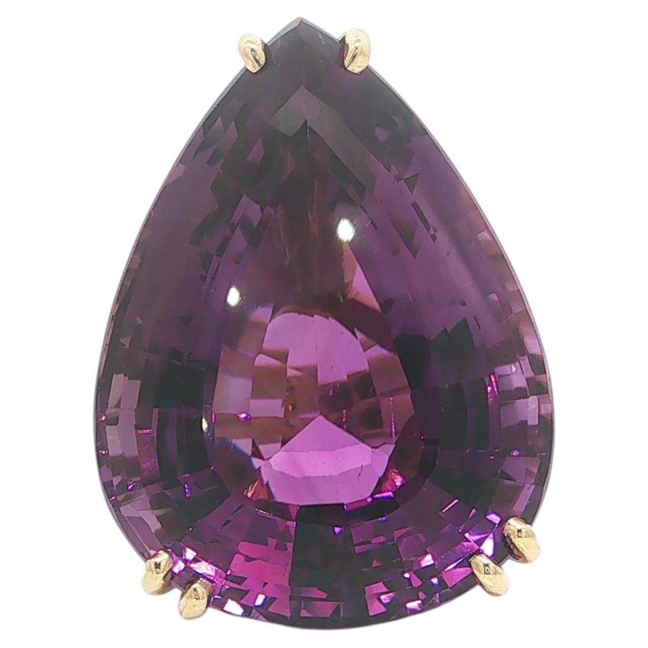 14k Yellow Gold Large 67ct Pear Cut Amethyst Solitaire Statement Ring