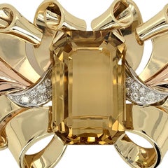 14 Karat Yellow Gold Large Citrine Diamond Brooch