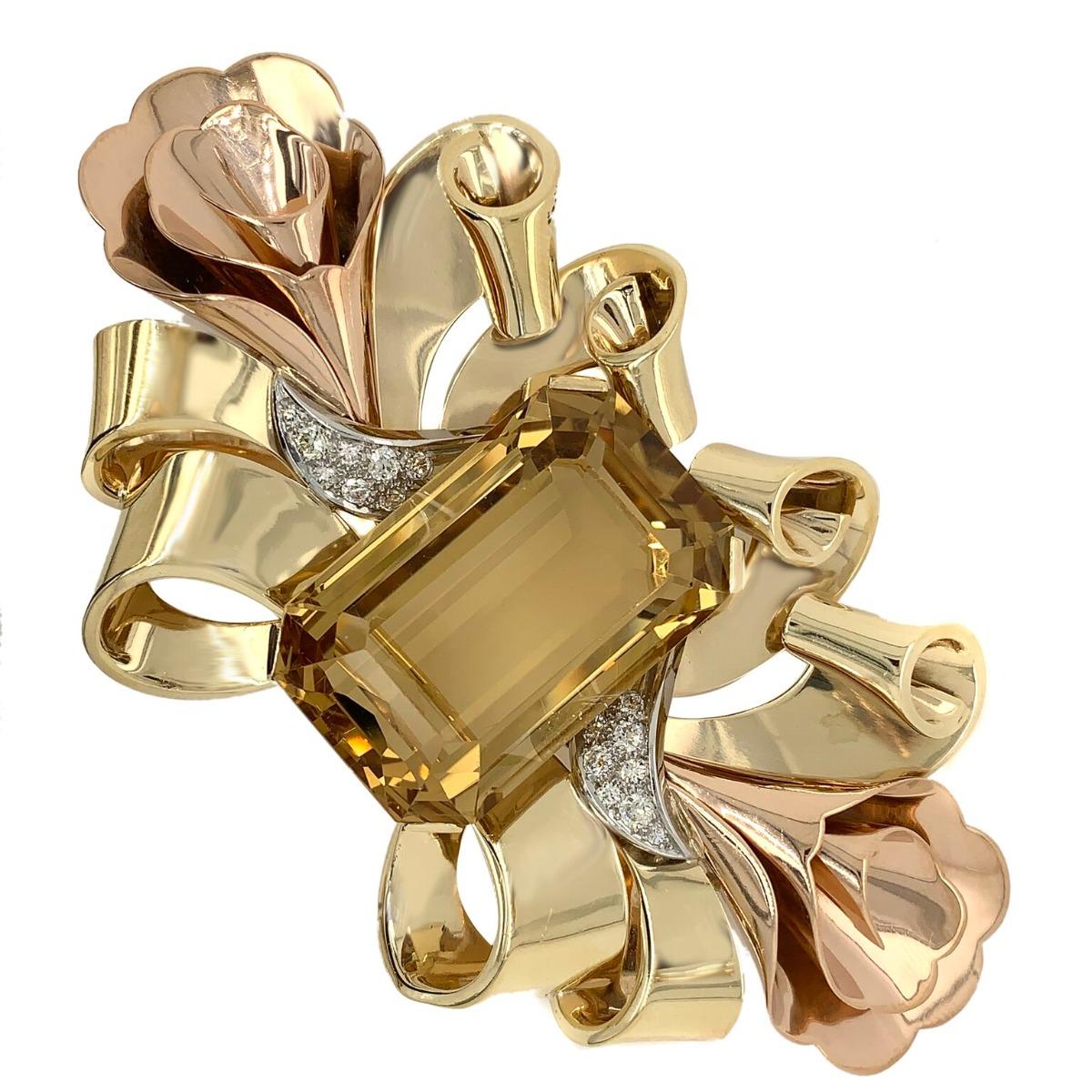 14 Karat Yellow Gold Large Citrine Diamond Brooch In Excellent Condition For Sale In New York, NY