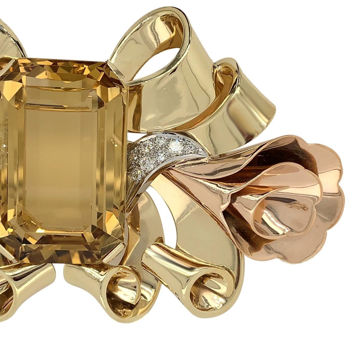 Women's 14 Karat Yellow Gold Large Citrine Diamond Brooch For Sale