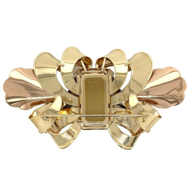 14 Karat Yellow Gold Large Citrine Diamond Brooch For Sale at 1stDibs