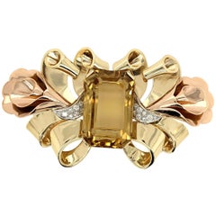 Broche en or jaune 14 carats avec grande citrine et diamants