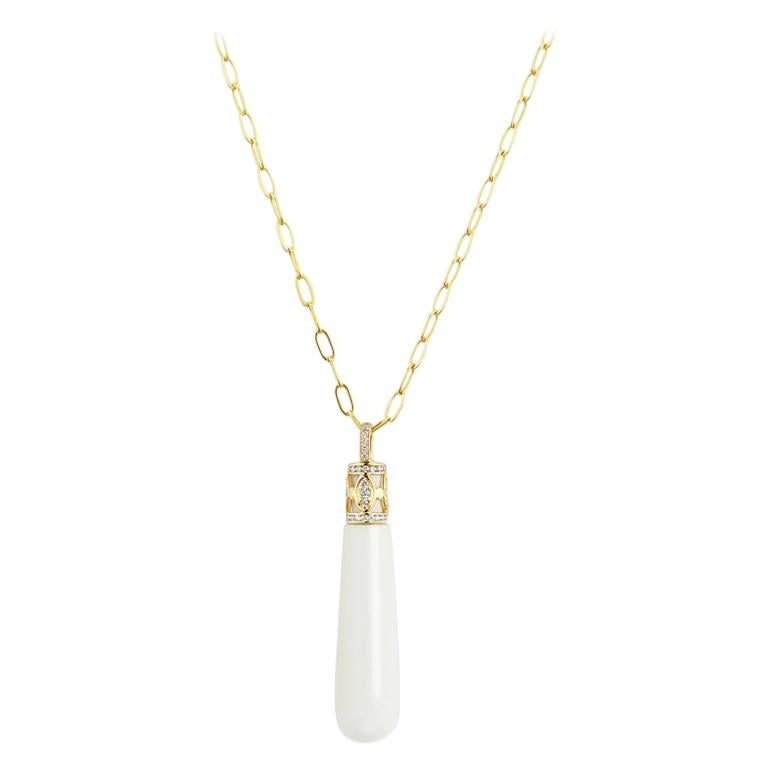 14 Karat Yellow Gold Large Hand Carved White Onyx and Diamond Drop Pendant For Sale