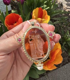 14k Yellow Gold Large Intaglio Glass Ruby & Pearl Twisted Wire Brooch Pendant