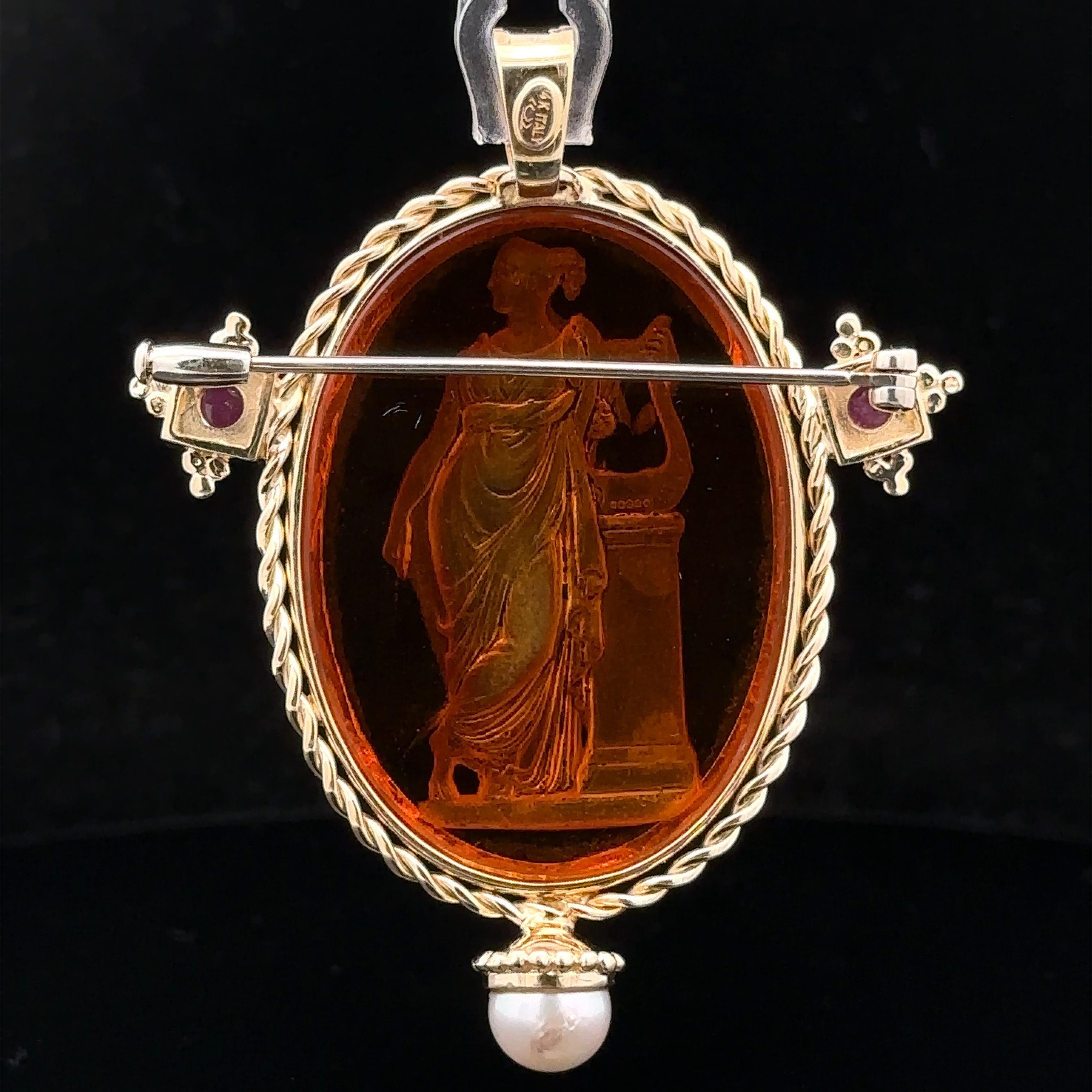 De las mujeres Colgante broche de alambre trenzado de oro amarillo de 14k con gran rubí y perla de cristal calcográfico en venta