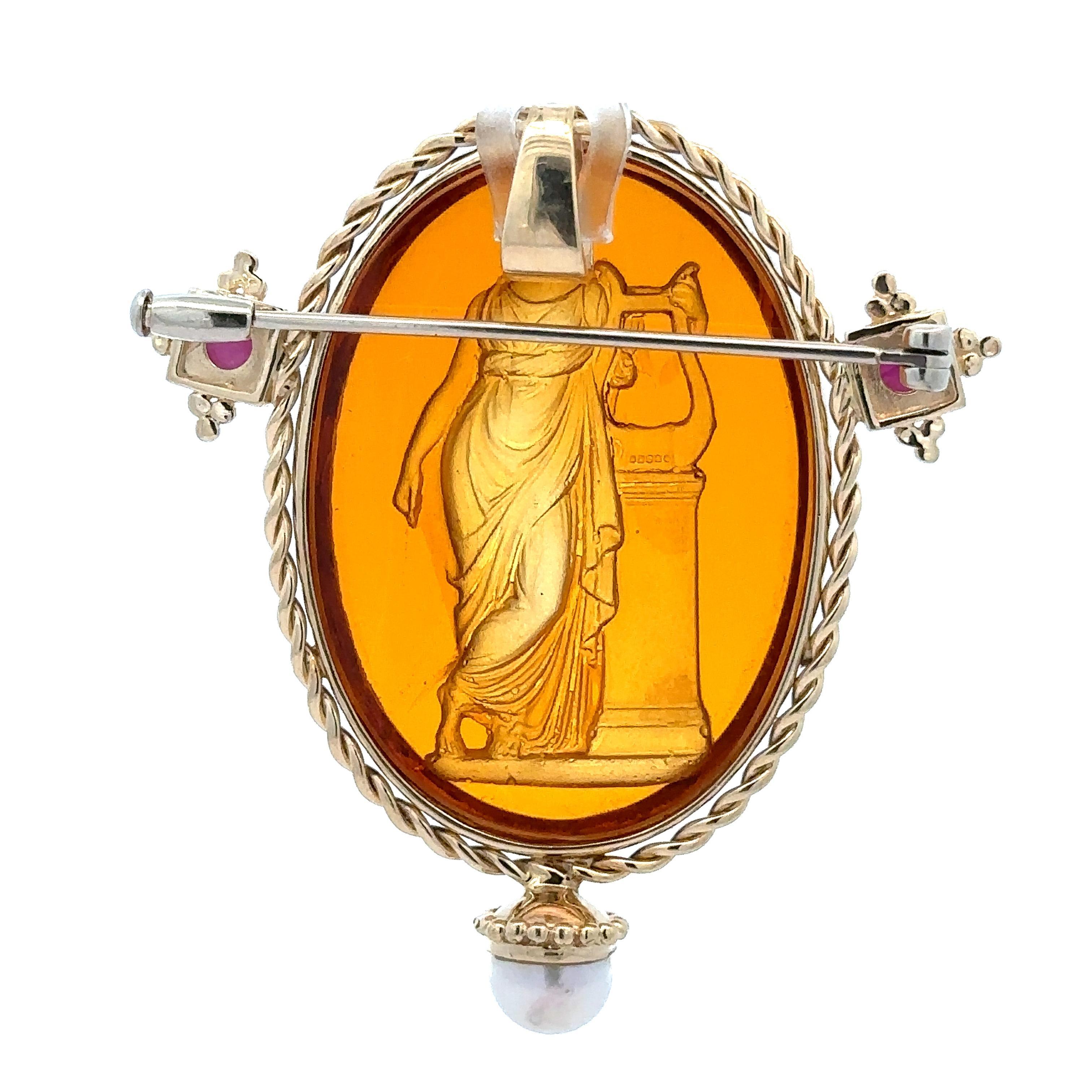 Colgante broche de alambre trenzado de oro amarillo de 14k con gran rubí y perla de cristal calcográfico en venta 2