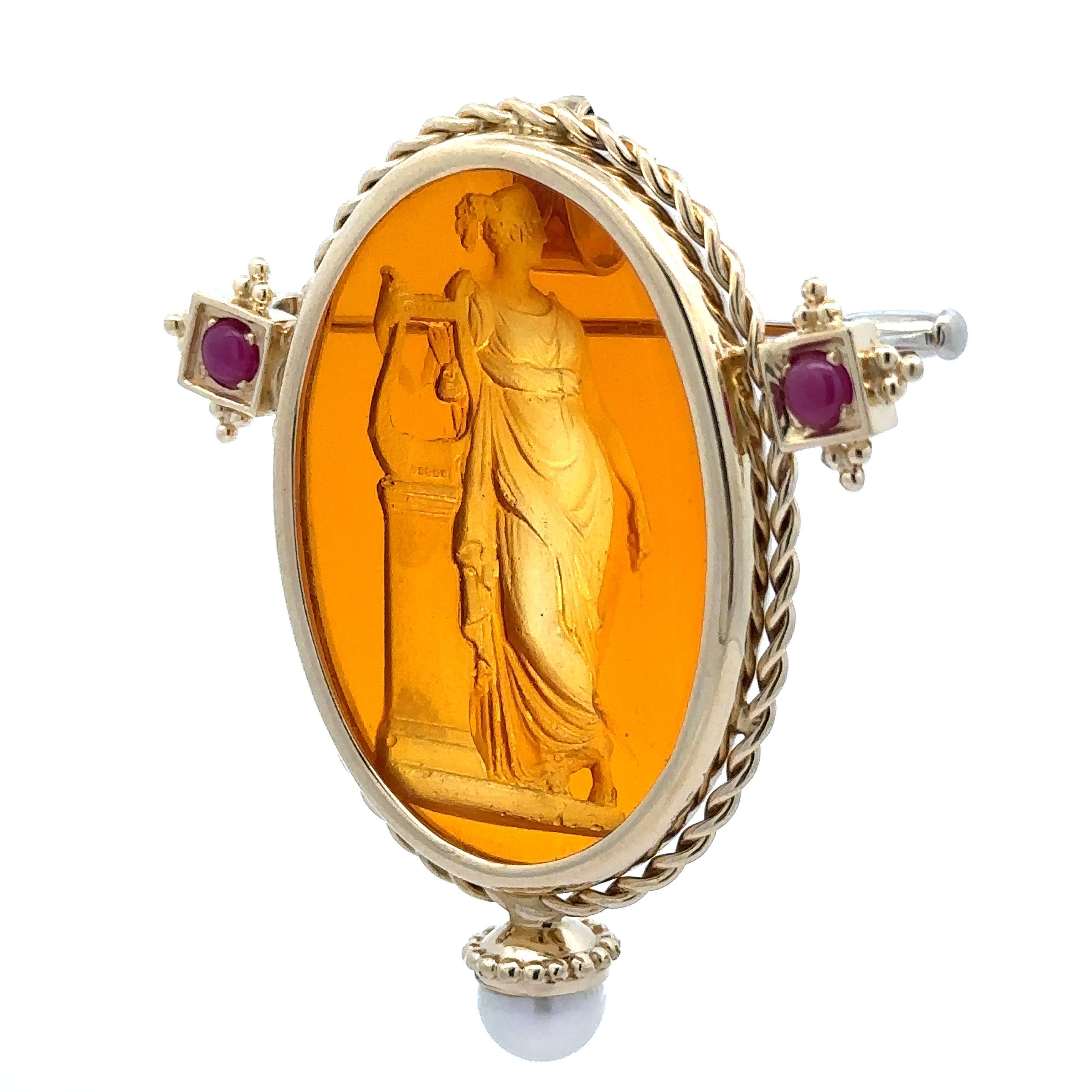 Colgante broche de alambre trenzado de oro amarillo de 14k con gran rubí y perla de cristal calcográfico en venta 3