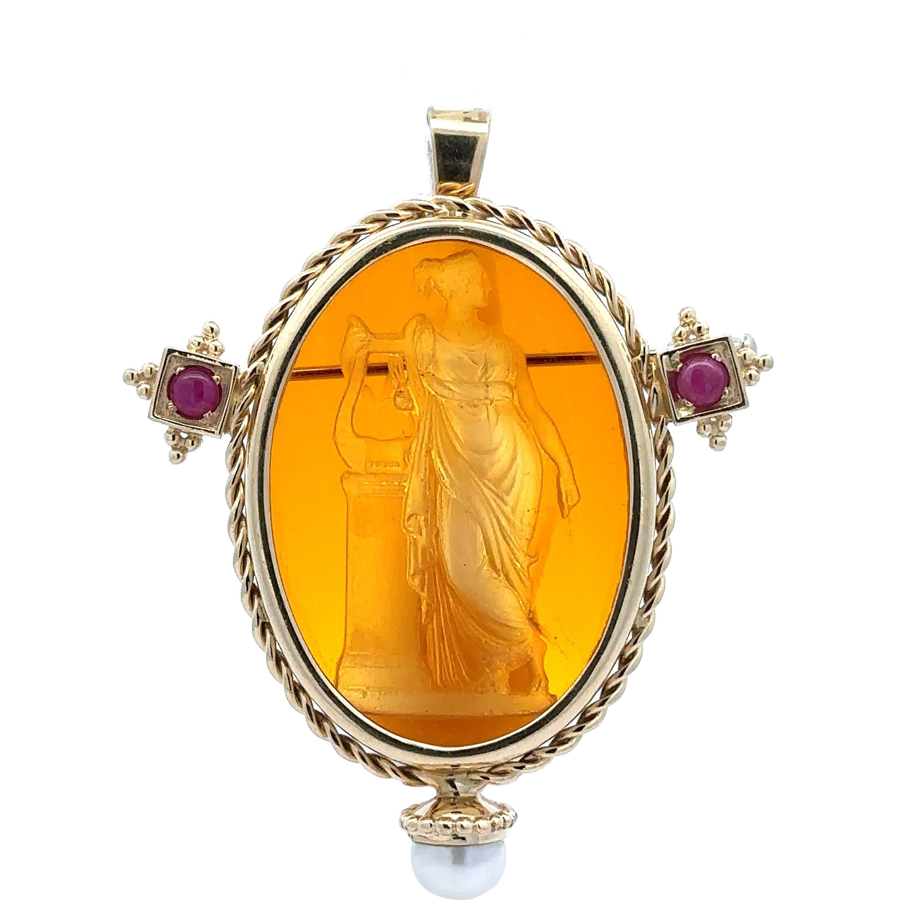 Colgante broche de alambre trenzado de oro amarillo de 14k con gran rubí y perla de cristal calcográfico en venta 4