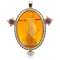 14k Yellow Gold Large Intaglio Glass Ruby & Pearl Twisted Wire Brooch Pendant