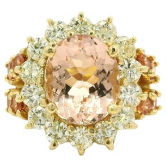 14k Yellow Gold Large Morganite & 1.50ctw Diamond Halo Statement Fiery Ring