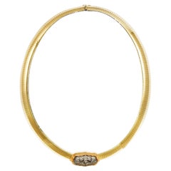 Retro 14K Yellow Gold Large Omega Link Necklace, Diamond Pendant, 83.7g