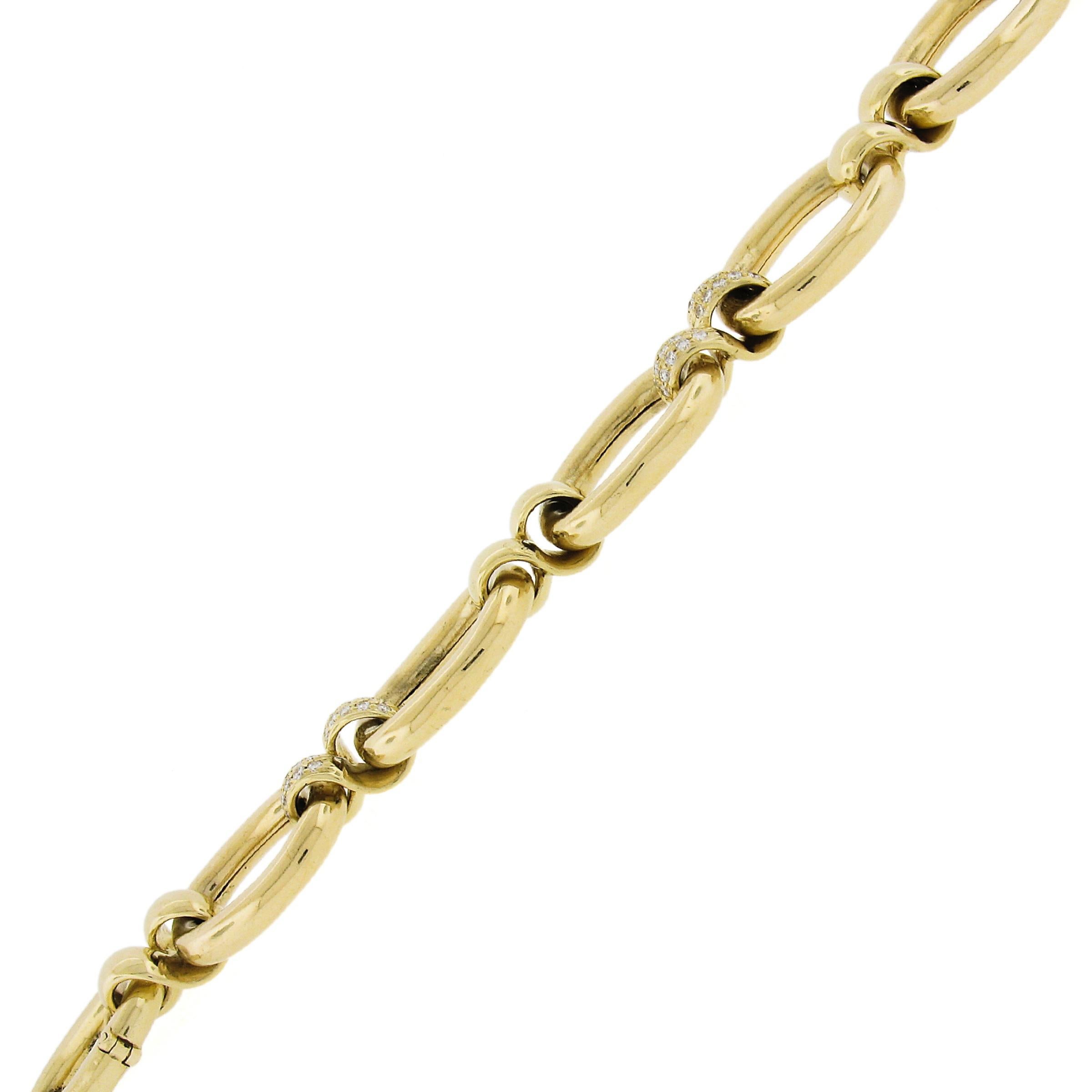 Women's 14K Yellow Gold Large Open Oval Link w/ Custom 0.90ctw Diamonds Links Bracelet For Sale