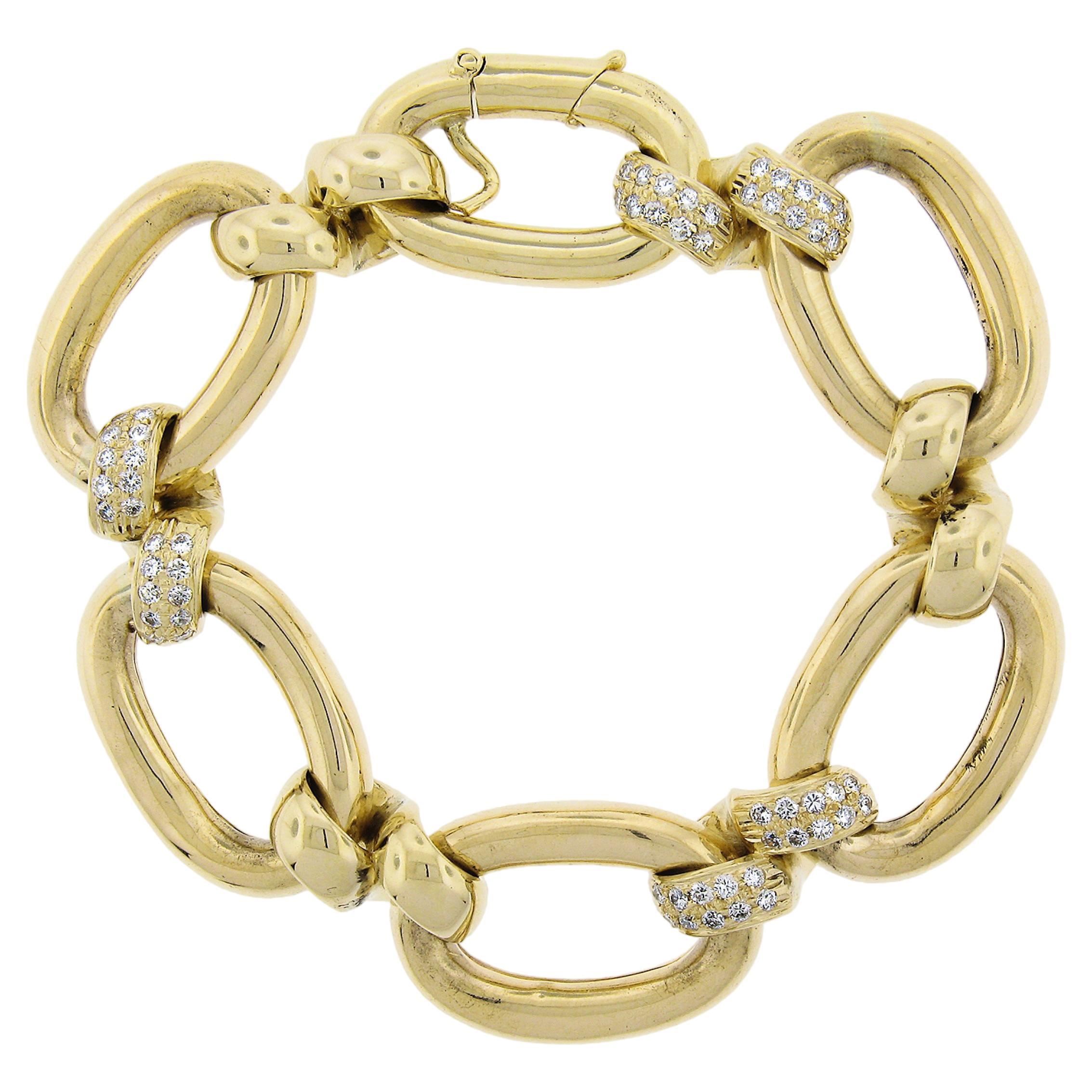 14K Yellow Gold Large Open Oval Link w/ Custom 0.90ctw Diamonds Links Bracelet For Sale