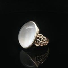 14k Yellow Gold Large Oval Bezel Set Large Moonstone Open Work Sides Ring