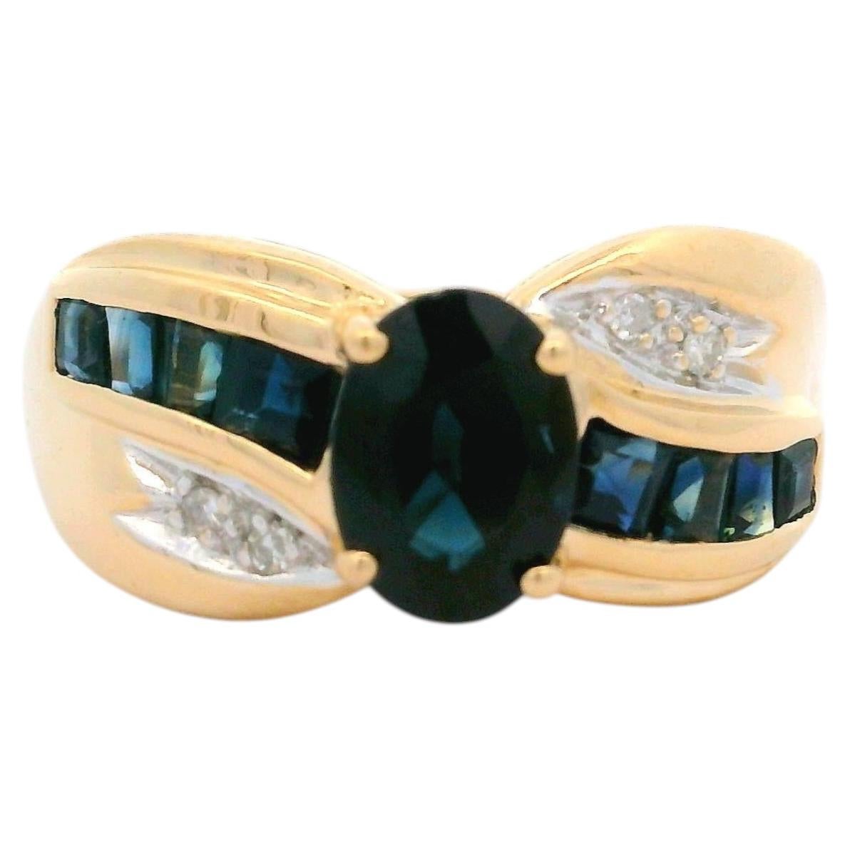 14k Yellow Gold Large Oval Sapphire Square Step Diamond Band Ring For Sale