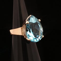 14k Yellow Gold Large Pear Swiss Blue Topaz Solitaire Solid Ring