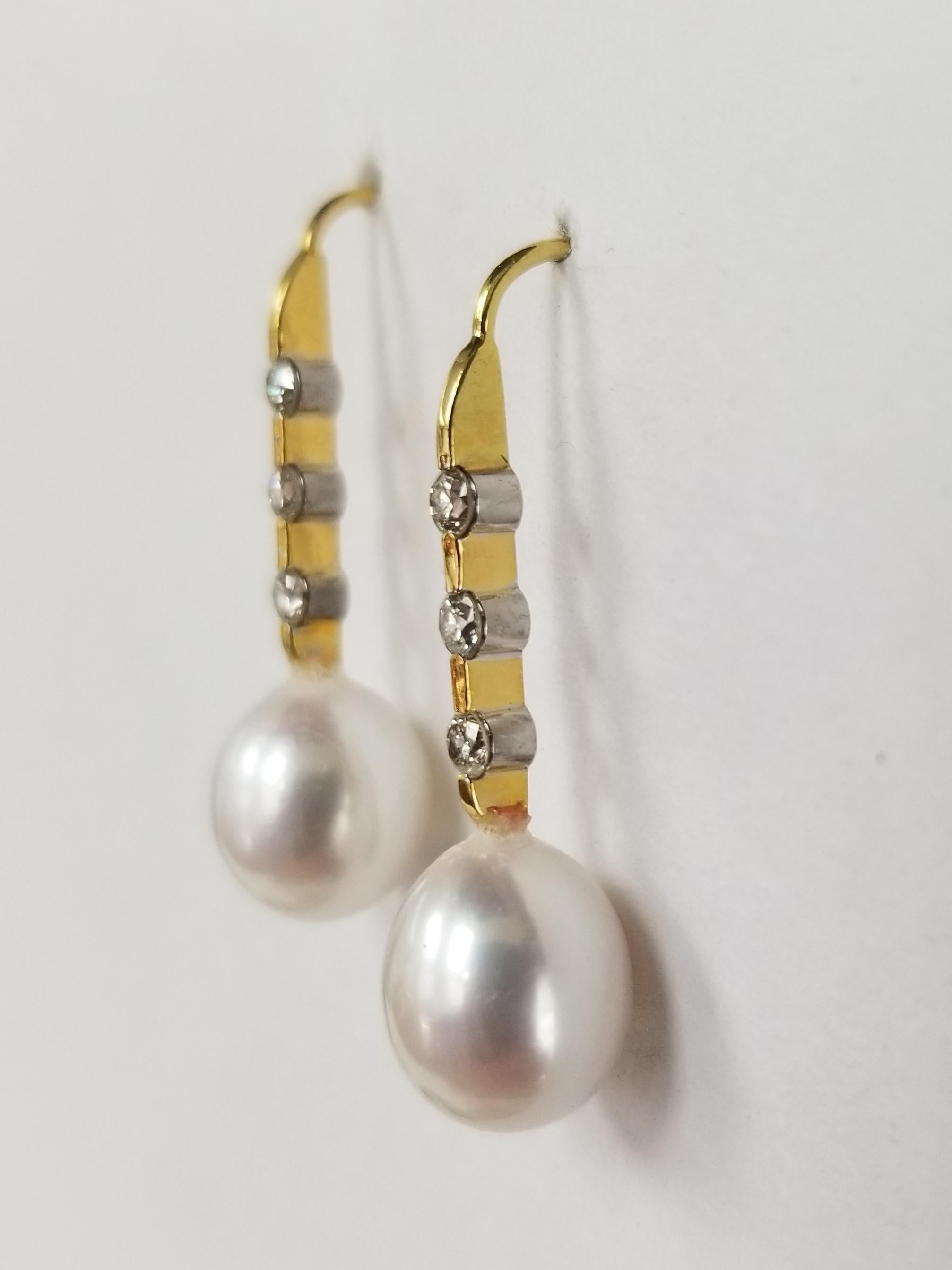 Modern 14 Karat Yellow Gold Large Pearl and Diamond Drop Earrings