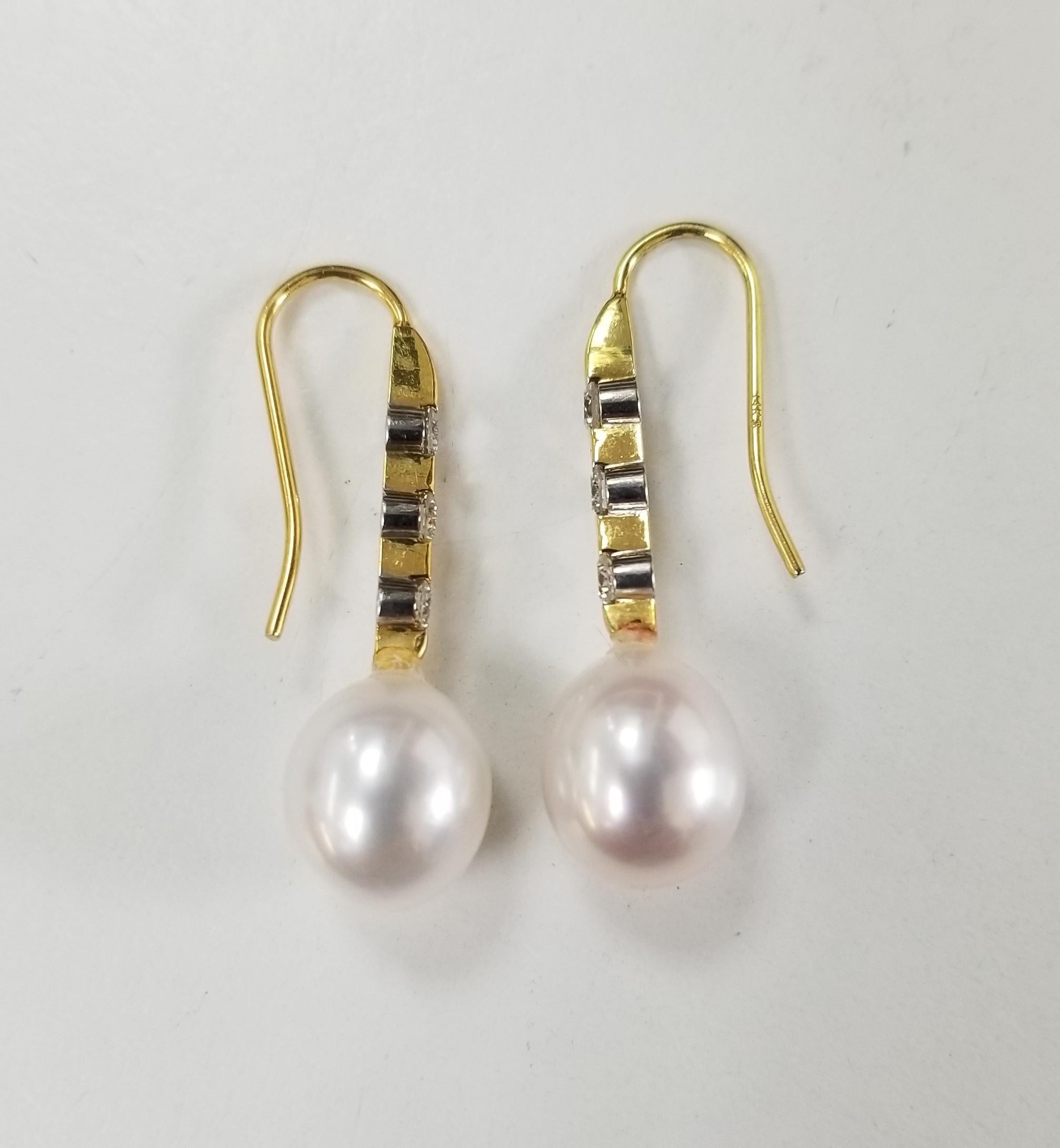 Round Cut 14 Karat Yellow Gold Large Pearl and Diamond Drop Earrings