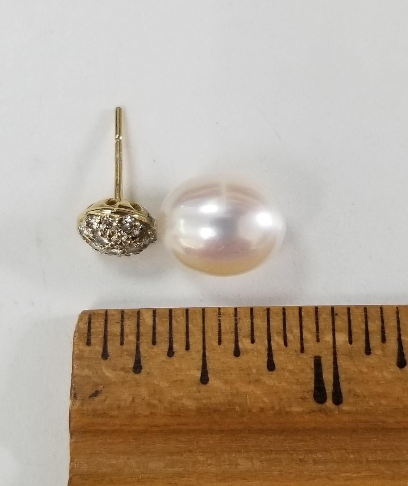 Modern 14 Karat Yellow Gold Large Pearl and Diamond Drop Earrings