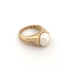 14k Yellow Gold Pearl and Diamond Ring, Mid-Century Modern Style