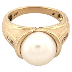 14k Yellow Gold Pearl and Diamond Ring, Mid-Century Modern Style
