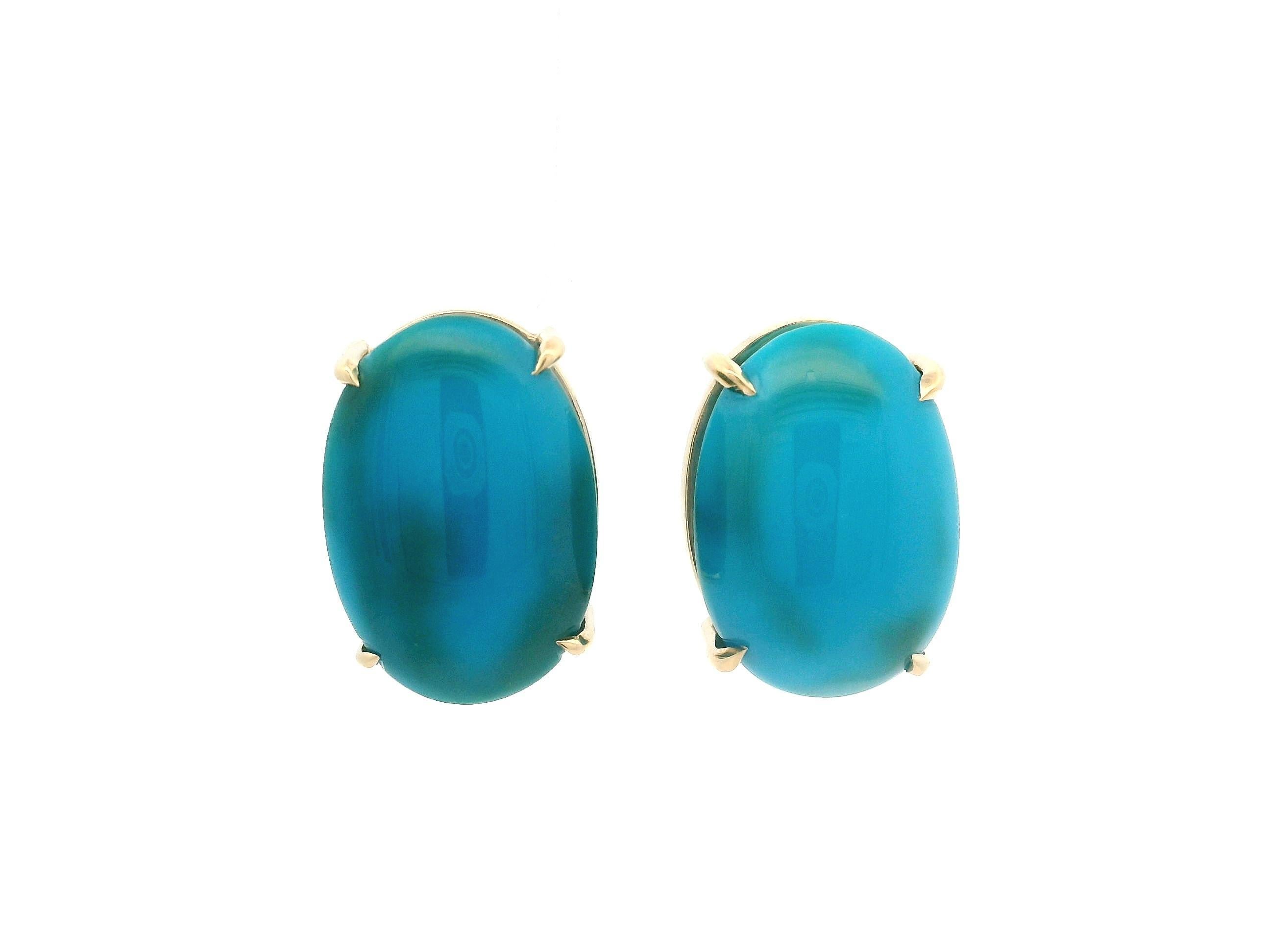 --Pierre(s) :...
(2) Turquoises naturelles véritables - Grand cabochon ovale - serti - poli - couleur bleu turquoise avec veines - 18x12.5mm chaque (approx.)

MATERIAL : Or jaune 14k massif
Poids : 8,75 grammes
Dimensions totales : 18.1x12.6mm