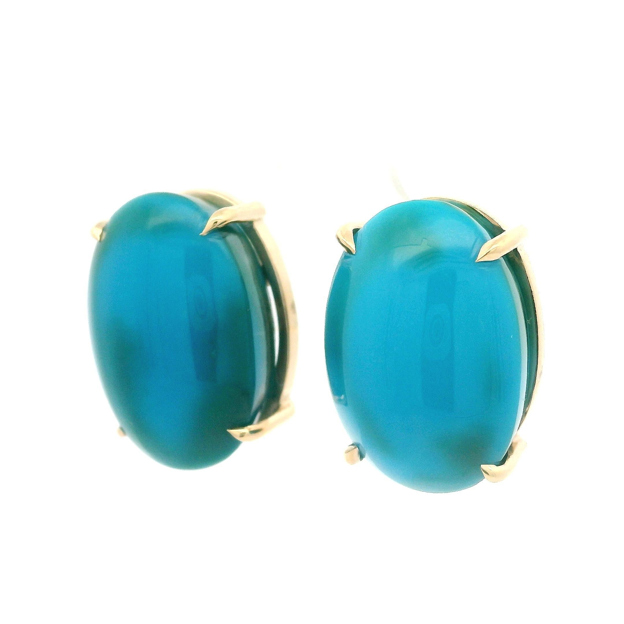 Taille cabochon Clous d'oreilles en or jaune 14 carats avec grande turquoise cabochon ovale polie en vente