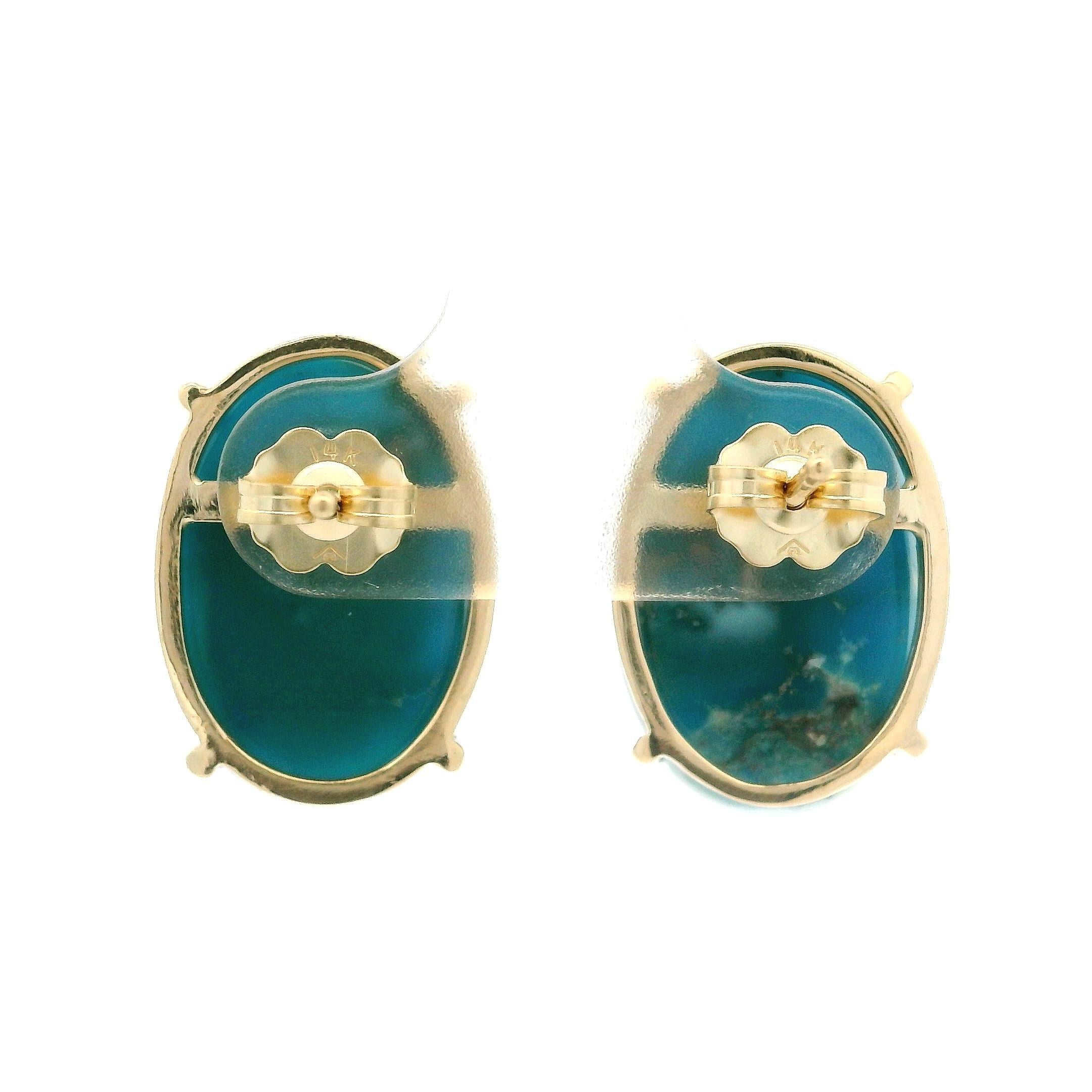 Clous d'oreilles en or jaune 14 carats avec grande turquoise cabochon ovale polie Pour femmes en vente
