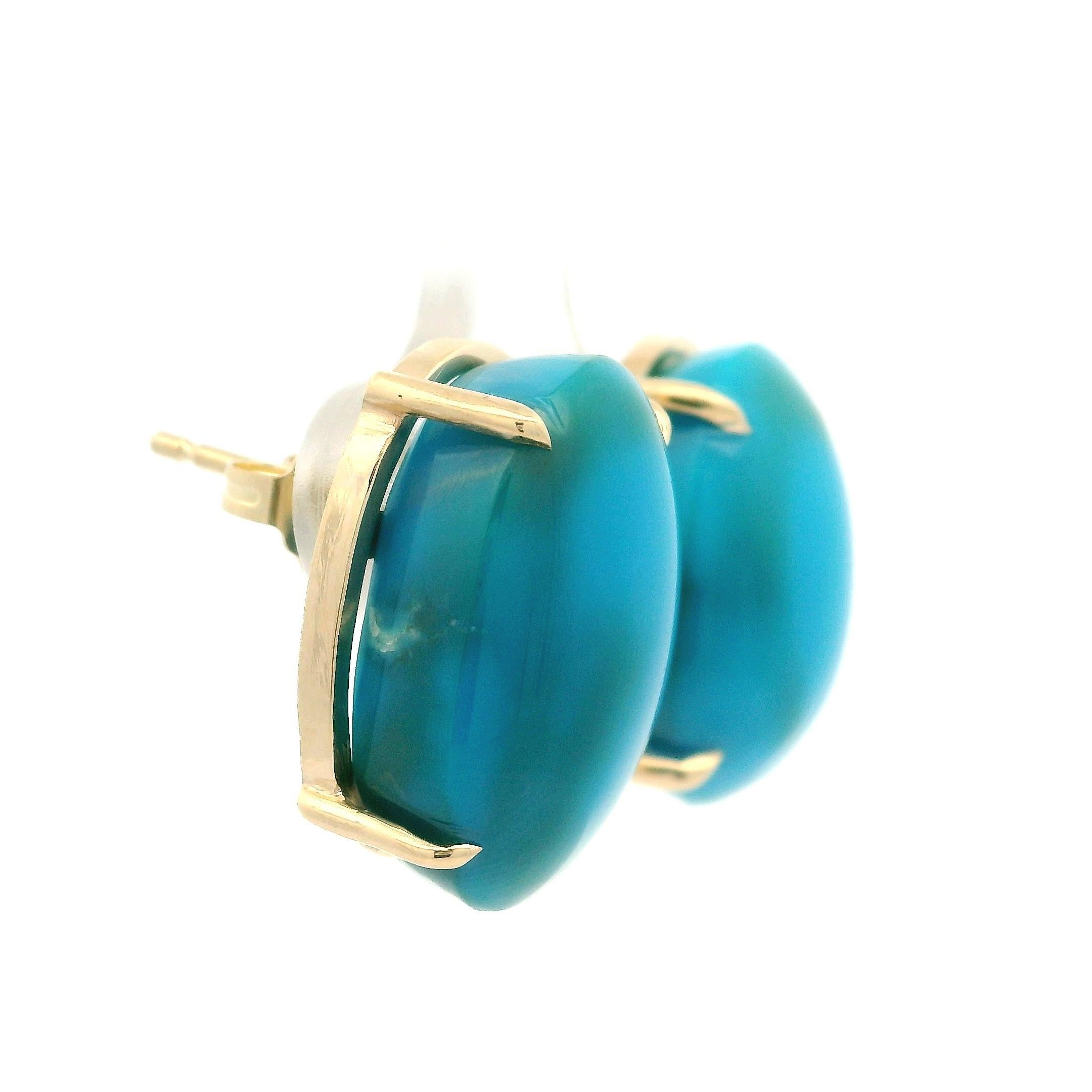 Clous d'oreilles en or jaune 14 carats avec grande turquoise cabochon ovale polie en vente 1