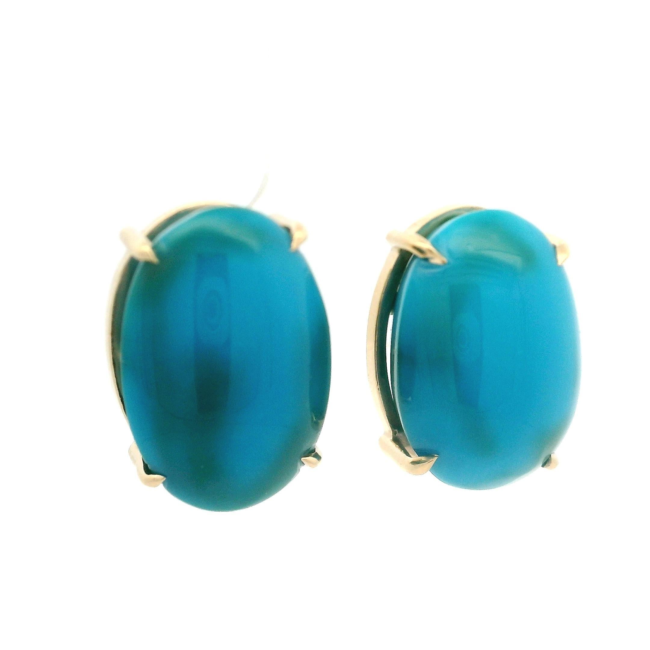 Clous d'oreilles en or jaune 14 carats avec grande turquoise cabochon ovale polie en vente 2