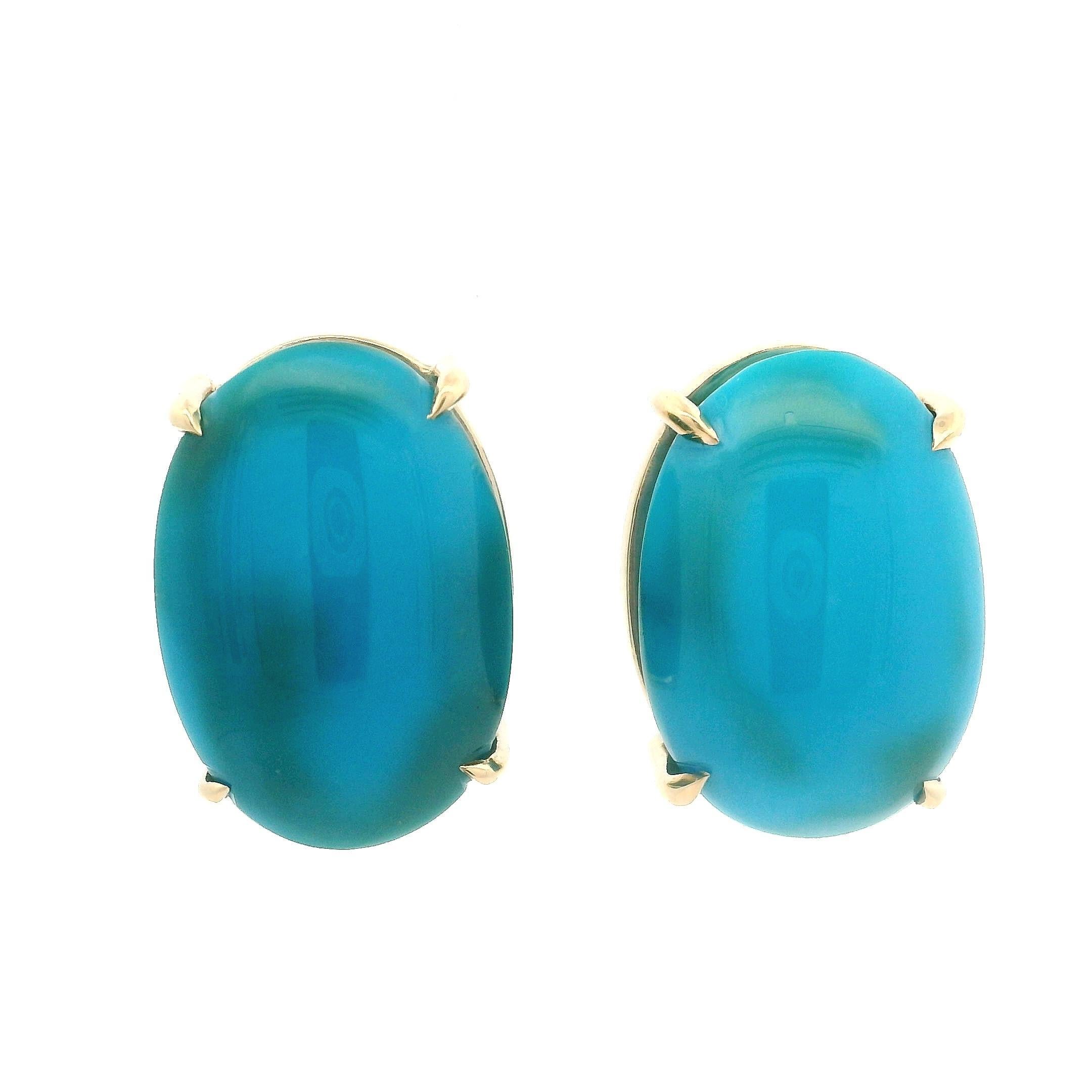 Clous d'oreilles en or jaune 14 carats avec grande turquoise cabochon ovale polie en vente 3