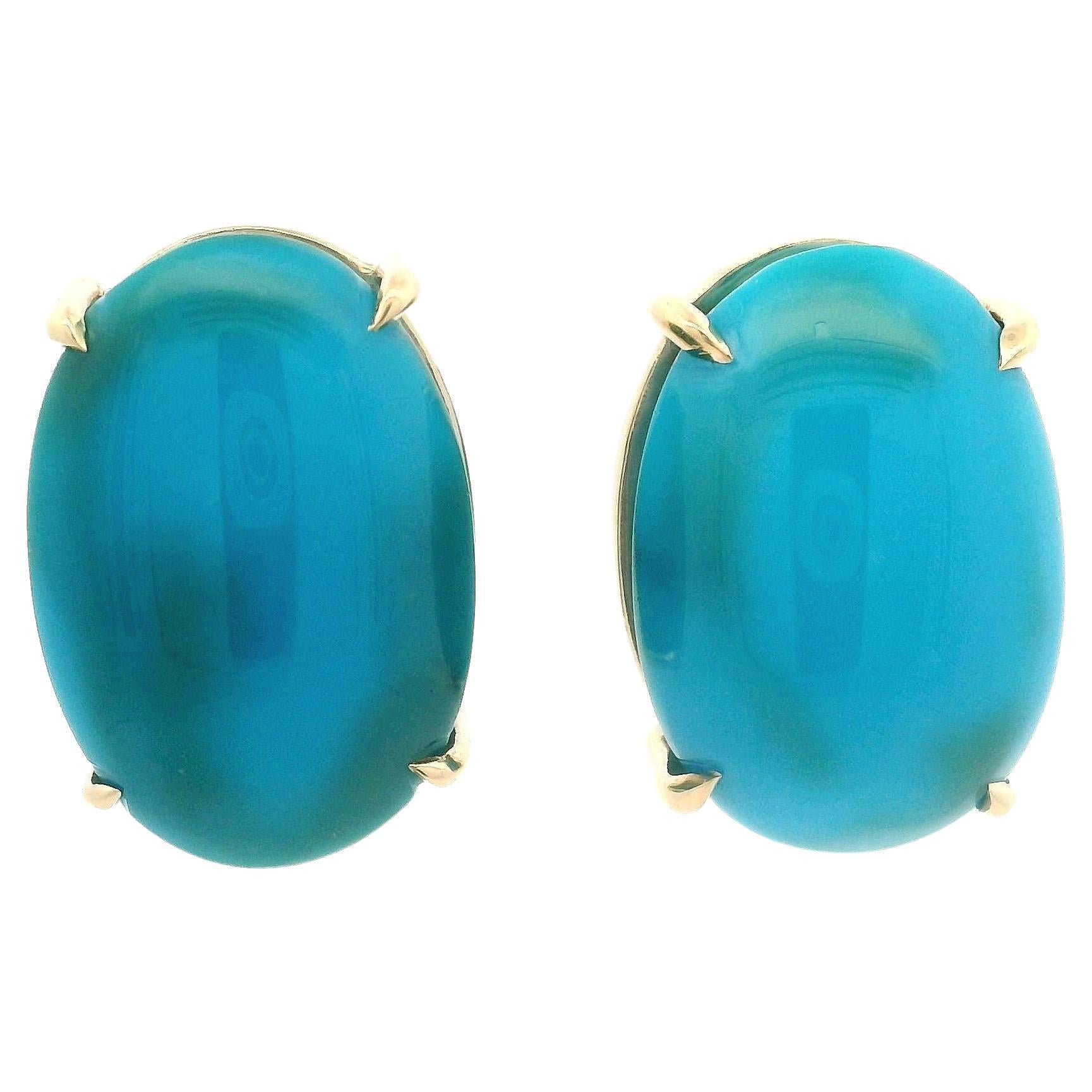 14k Yellow Gold Large Polished Oval Cabochon Veins Turquoise Stud Earrings