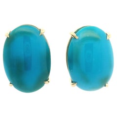 14k Yellow Gold Large Polished Oval Cabochon Veins Turquoise Stud Earrings