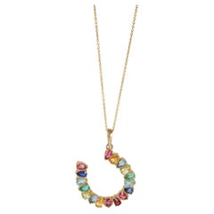 14K Yellow Gold Large Rainbow Gemstone Horseshoe Pendant, 3.91 ctw