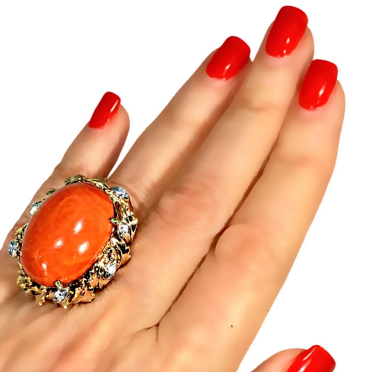 14K Yellow Gold Large Scale Coral, and Diamond Ring For Sale 4