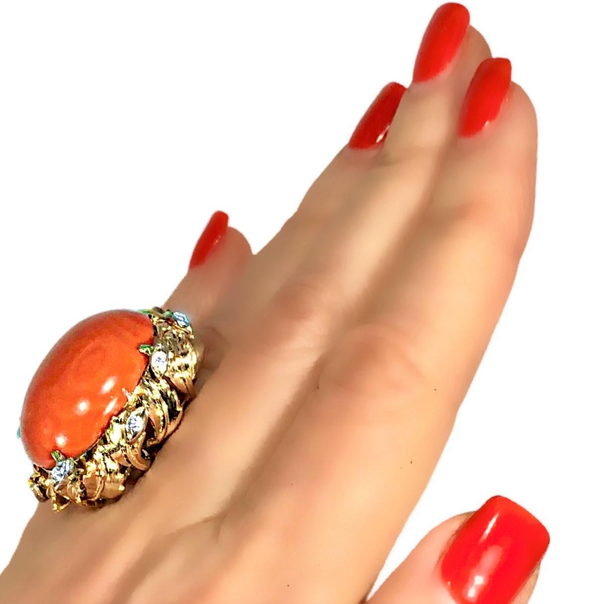14K Yellow Gold Large Scale Coral, and Diamond Ring For Sale 5
