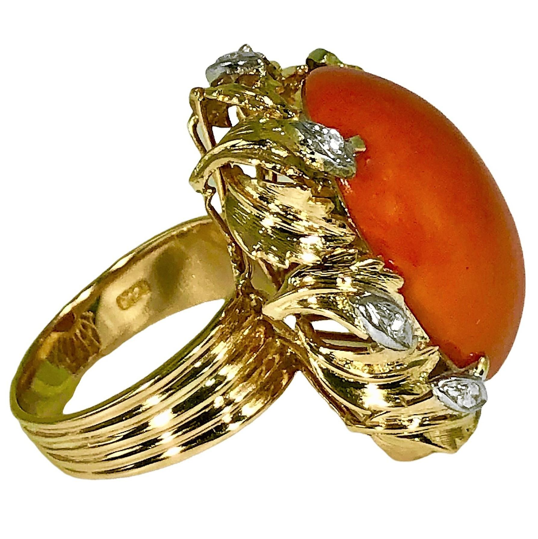 Modern 14K Yellow Gold Large Scale Coral, and Diamond Ring For Sale