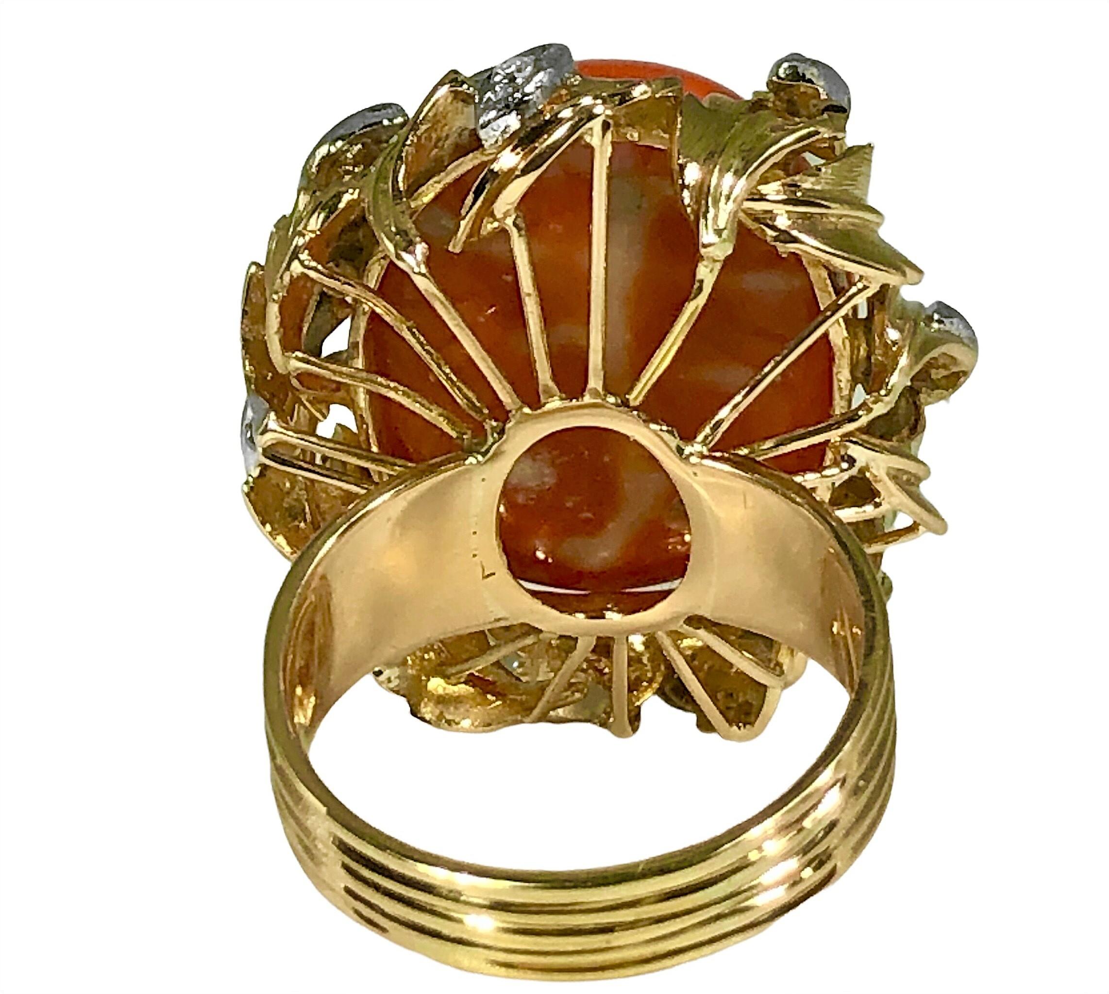 Cabochon 14K Yellow Gold Large Scale Coral, and Diamond Ring For Sale