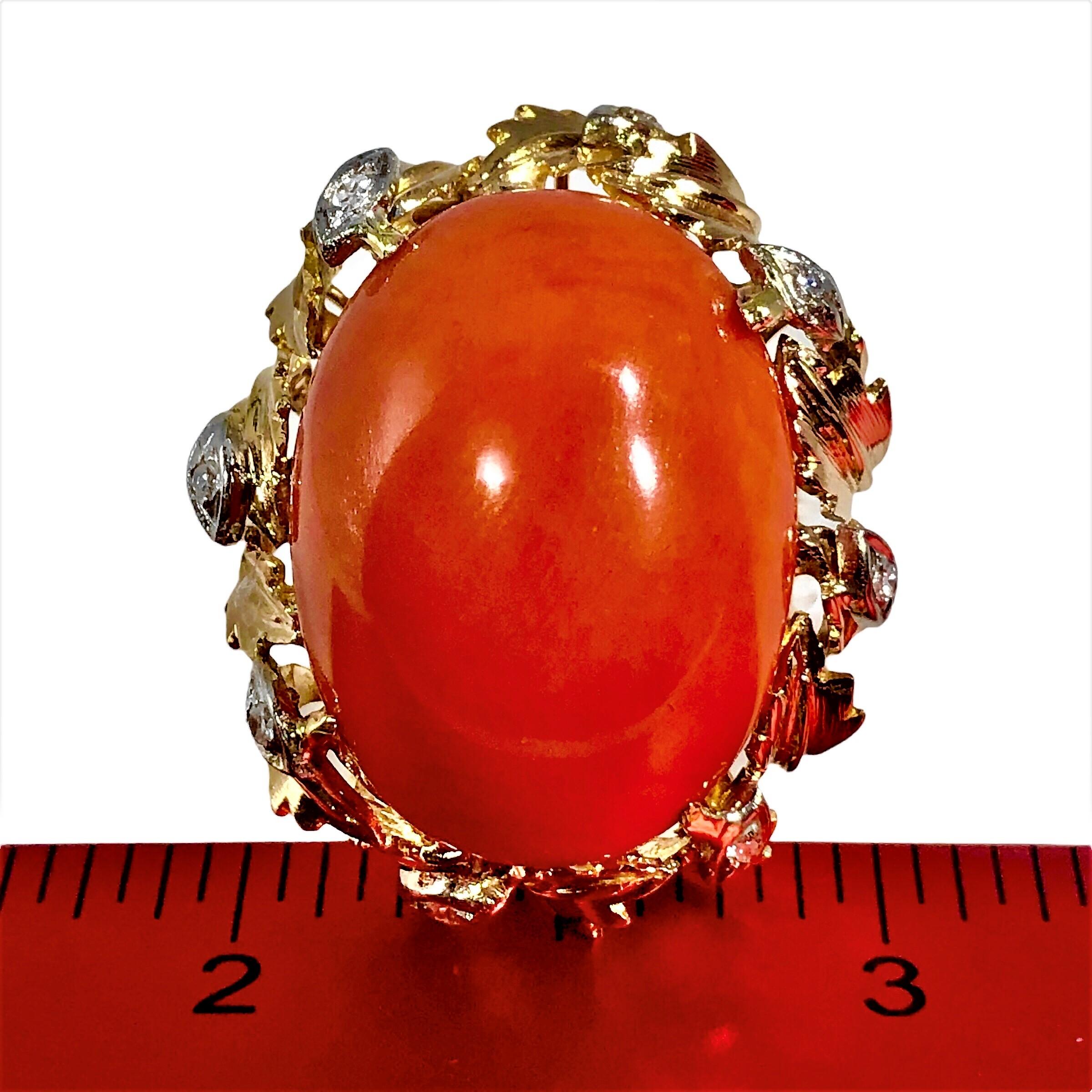 Women's 14K Yellow Gold Large Scale Coral, and Diamond Ring For Sale