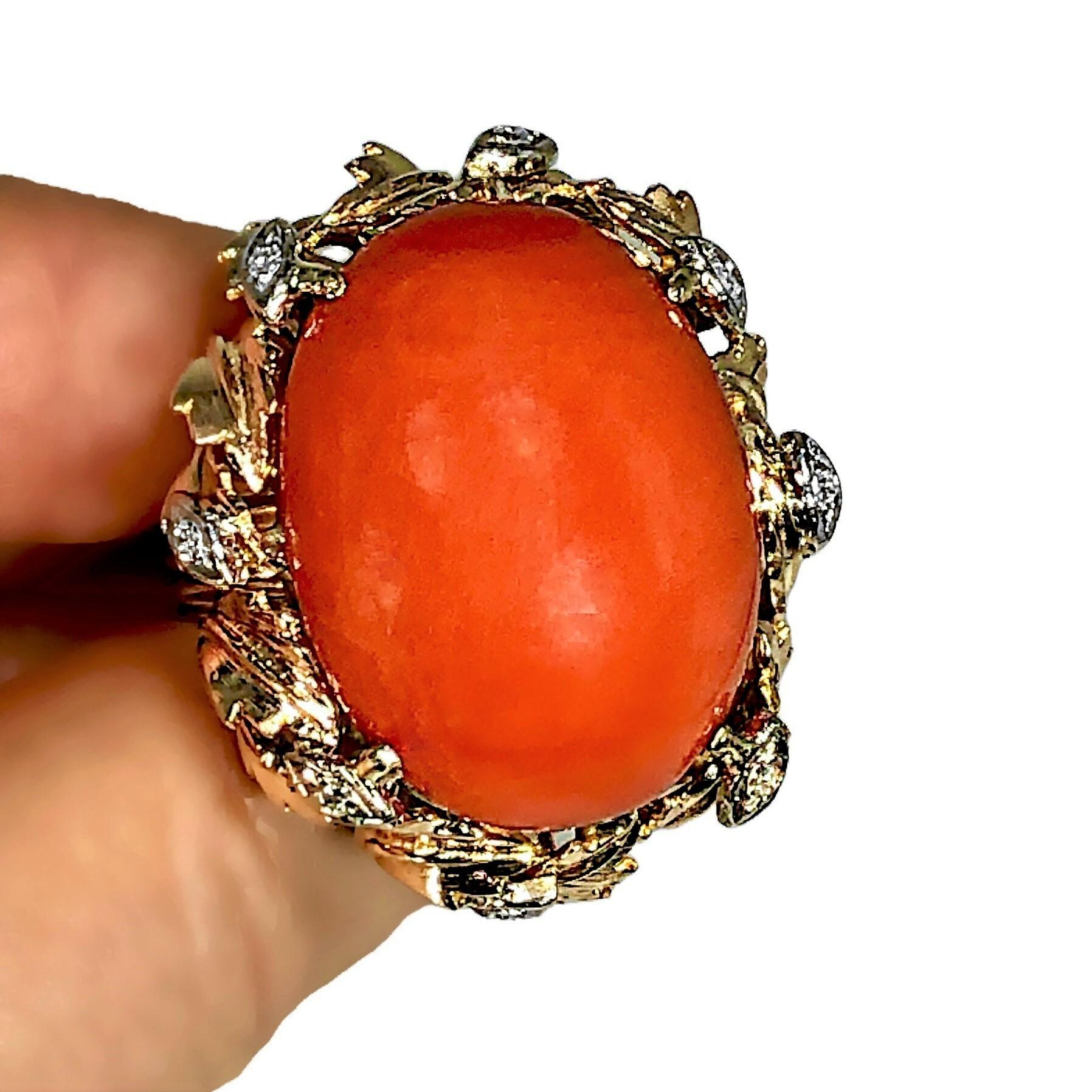 14K Yellow Gold Large Scale Coral, and Diamond Ring For Sale 1