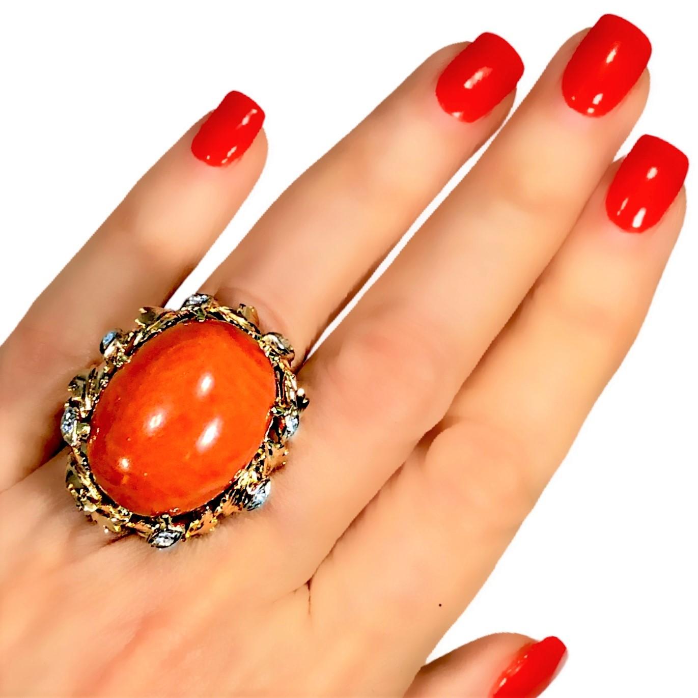 14K Yellow Gold Large Scale Coral, and Diamond Ring For Sale 3